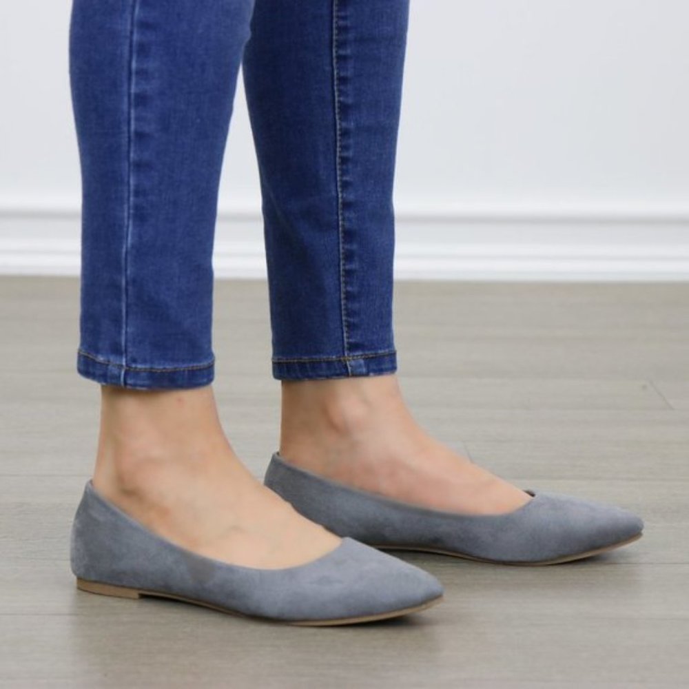 Gray Vegan Suede Pointy Toe Flat Shoes - Picture 7 of 7